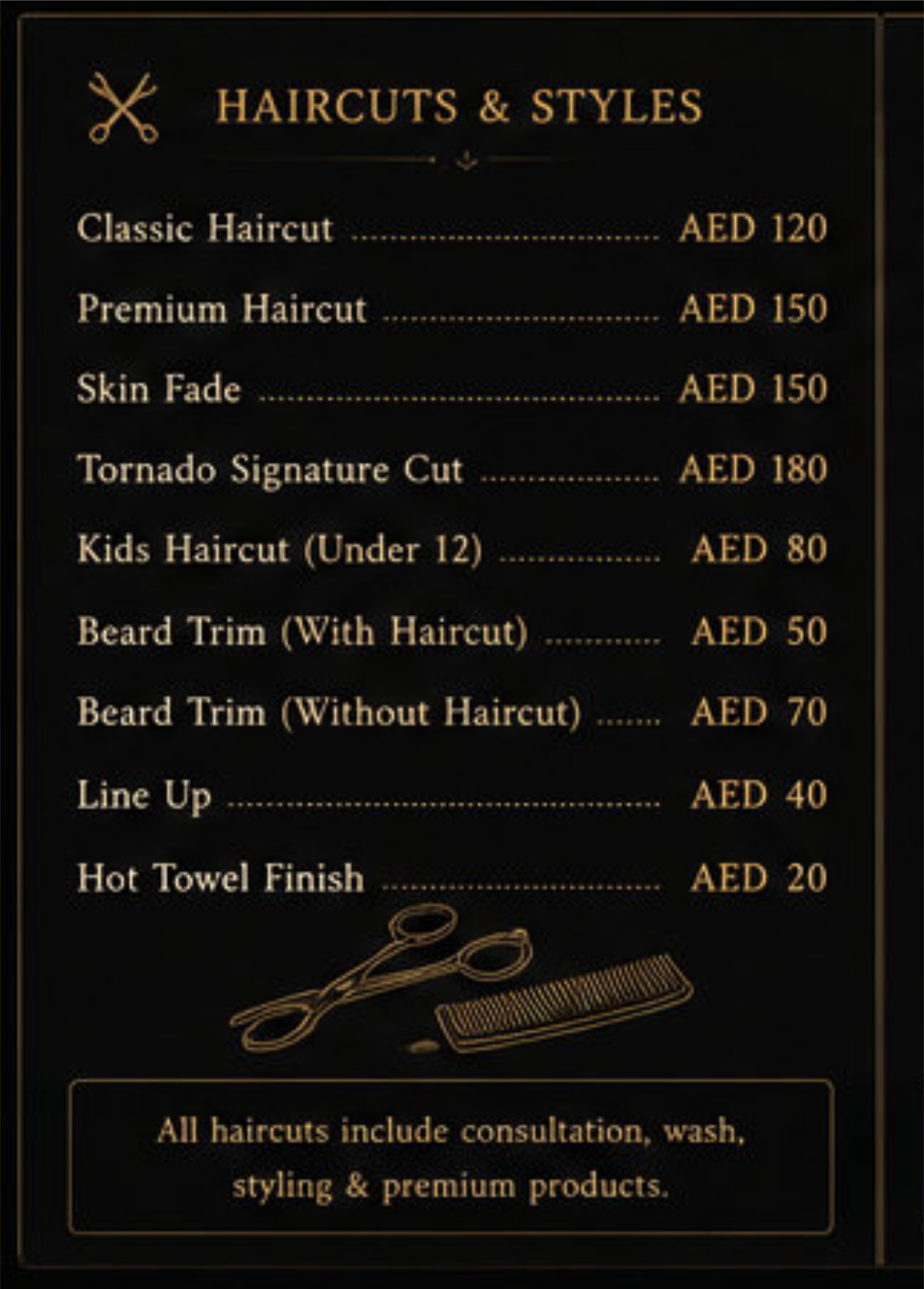 Tornado haircuts and styles price menu
